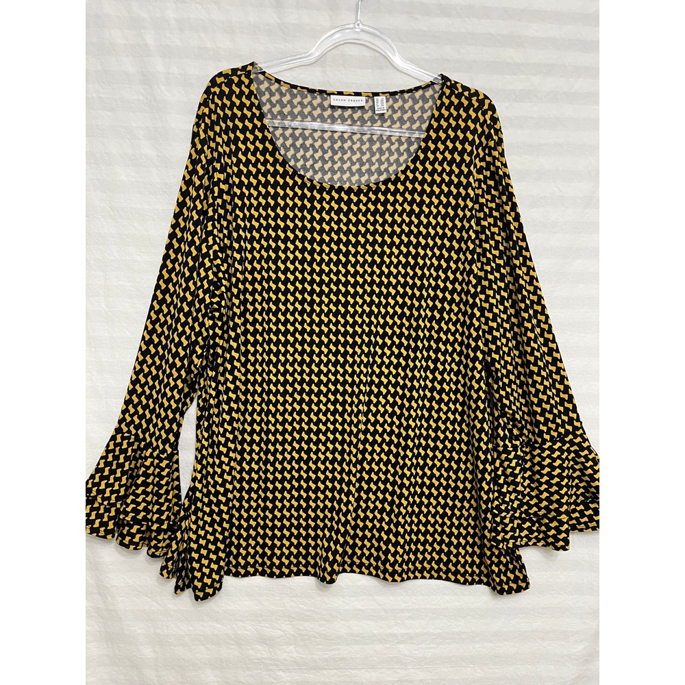 Susan Graver Blouse Size 2X Yellow Black Geometric Liquid Knit Bell Sleeve